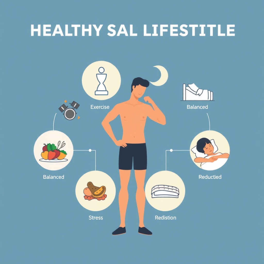 Icons representing exercise, nutritious food, sleep, and stress reduction for healthy lifestyle