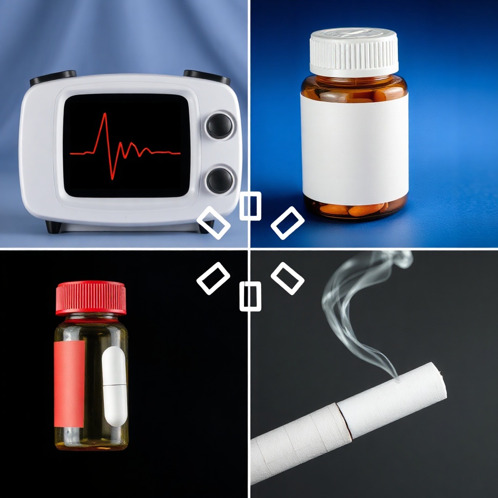 Collage of medical icons showing heart monitor, medication, stress symbol, and cigarette